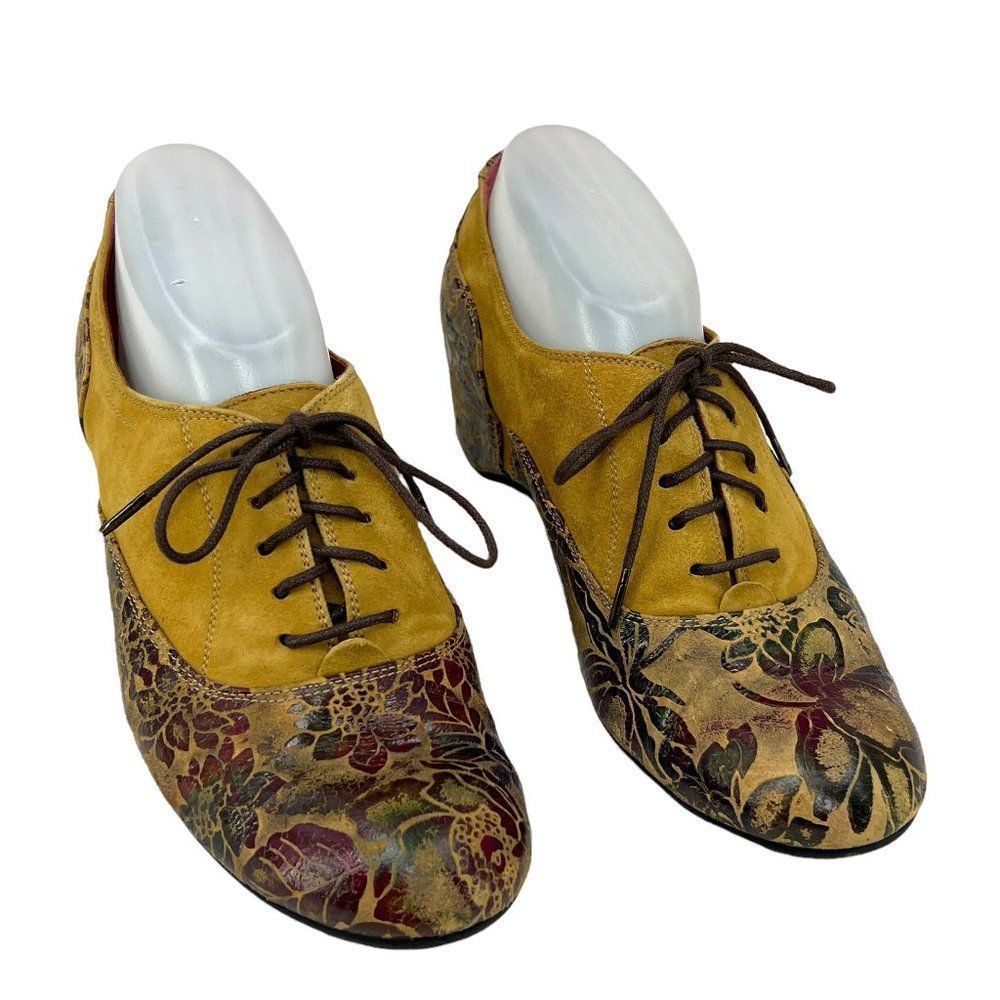 Lightweight Pons Quintana Floral Suede Leather Lace Up Oxford Wedge EU 39 US 9
